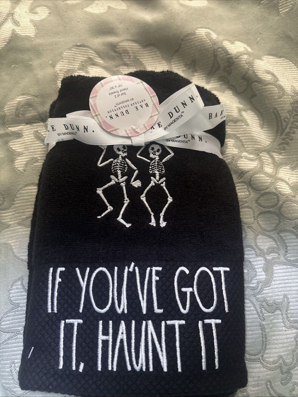 Rae Dunn Halloween Hand Towels “If You’ve Got It Haunt It” Skeleton Decor